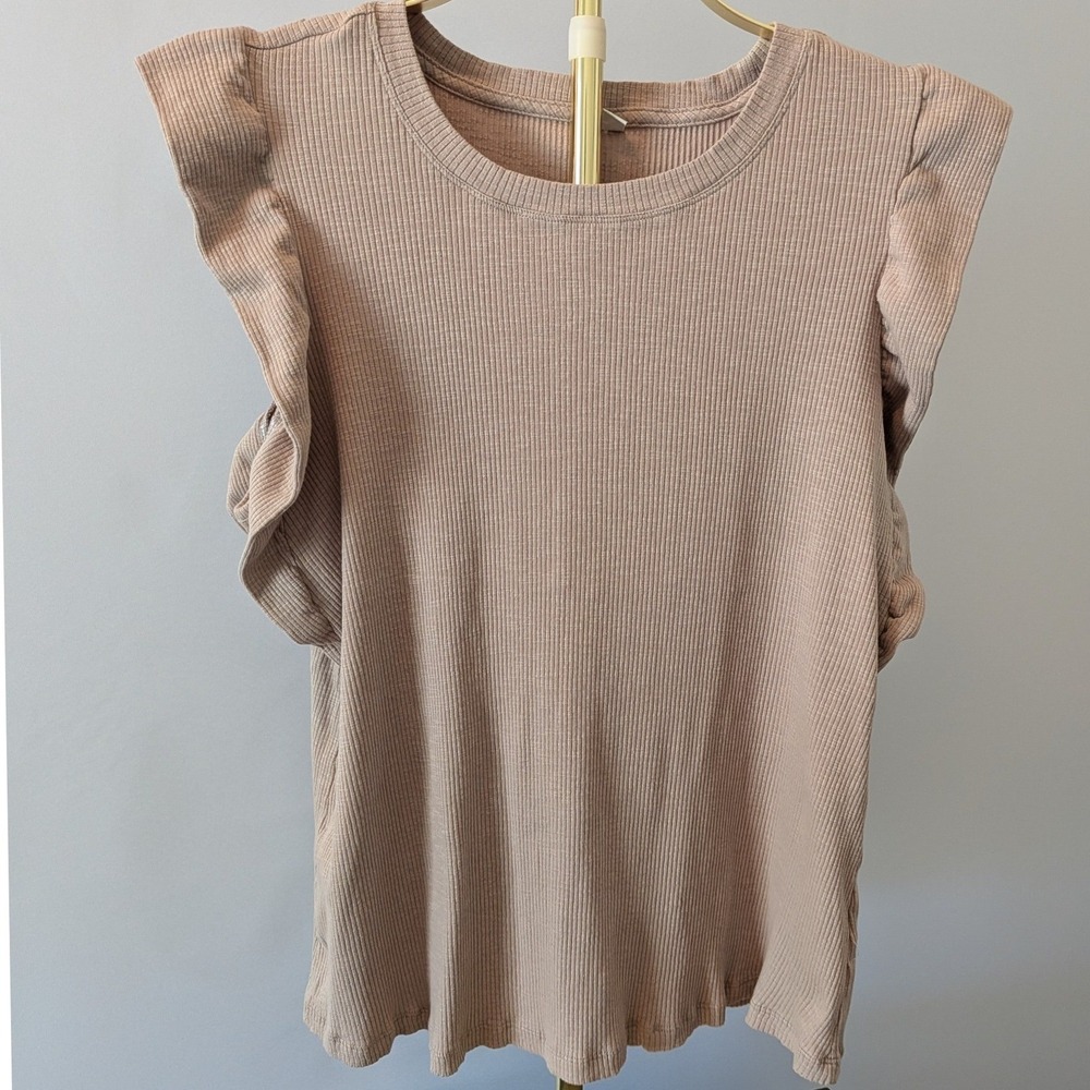 Cato Ruffle Ribbed Top Women 18/20W Tan Cotton Blend Knit Casual Tee Blouse